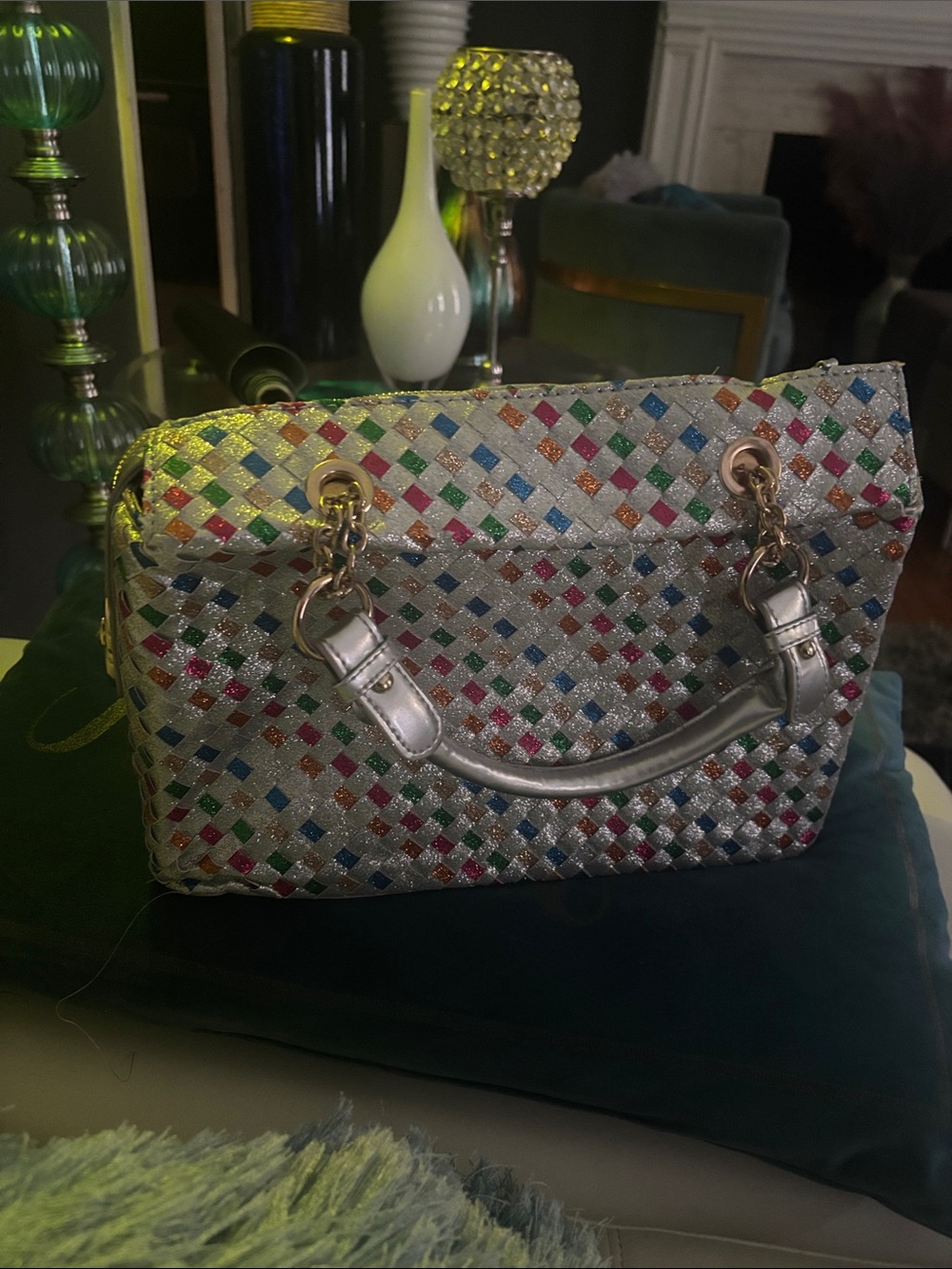 Multicolor Sparkle Woven Satchel with Silver Handles
